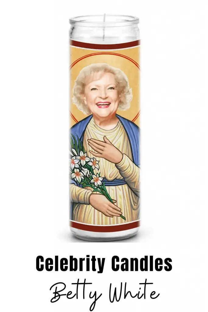Betty White Prayer Candle Betty White celebrity novelty candle. Celebrity prayer candles are a great gift for family or friends that can't get enough of their favorite celebrity. #bettywhite #novelty #candles #gift