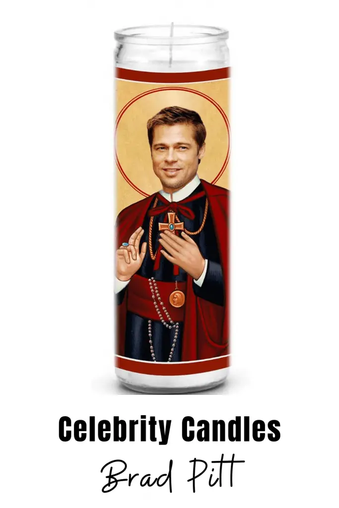Brad Pitt celebrity novelty candle. Celebrity prayer candles are a great gift for family or friends that can't get enough of their favorite celebrity. #bradpitt #novelty #candles #gift