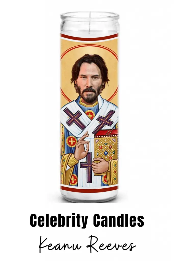 Keanu Reeves celebrity novelty candle. Celebrity prayer candles are a great gift for family or friends that can't get enough of their favorite celebrity. #keanureeves #novelty #candles #gift