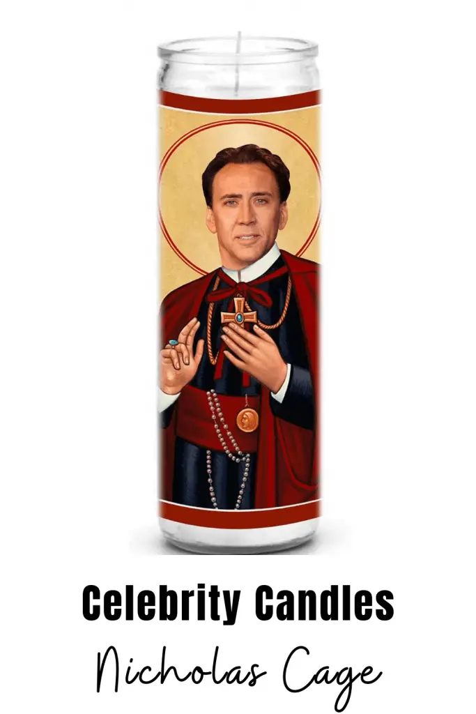Nicholas Cage Candle Nicholas Cage celebrity novelty candle. Celebrity prayer candles are a great gift for family or friends that can't get enough of their favorite celebrity. #nicholascage #novelty #candles #gift